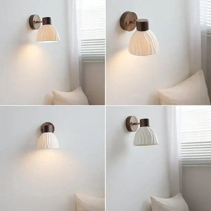 White ribbed ceramic wall light with dark bronze metal base decorbites ceramic walnut wood for bedroom reading lamp