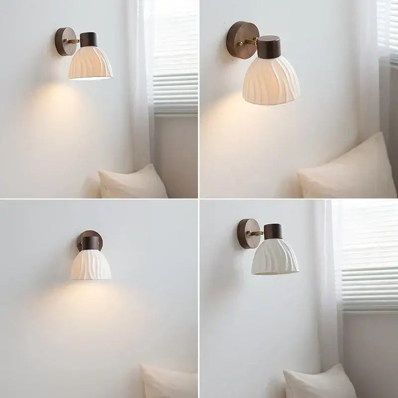 White ribbed ceramic wall light with dark bronze metal base decorbites ceramic walnut wood for bedroom reading lamp
