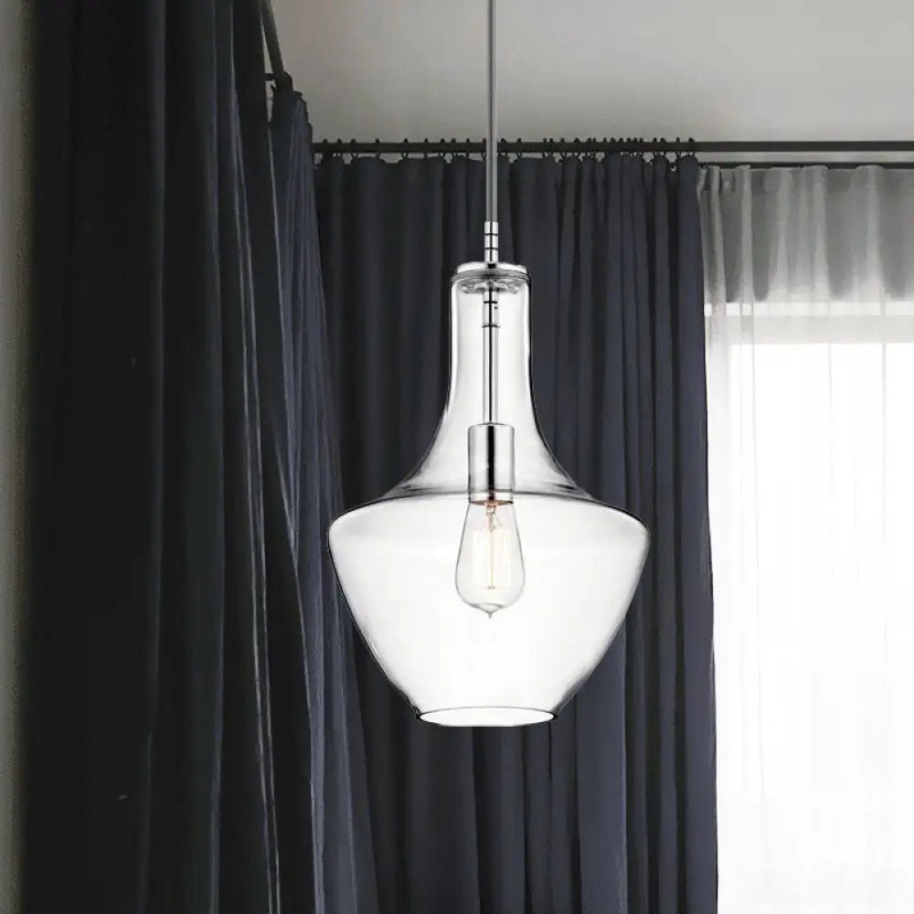 Minimalist Chrome Pendant Light with Clear Glass Urn Shape- 1-Light Ceiling Lamp