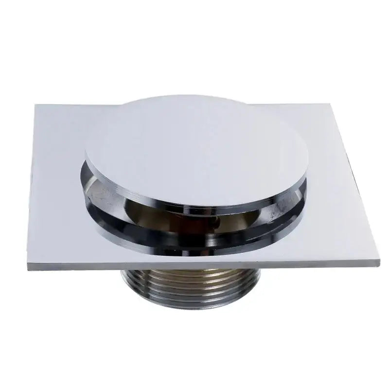 Minimalist chrome square brass anti odor floor drain with circular raised center plate and threaded base by decorbites brass anti