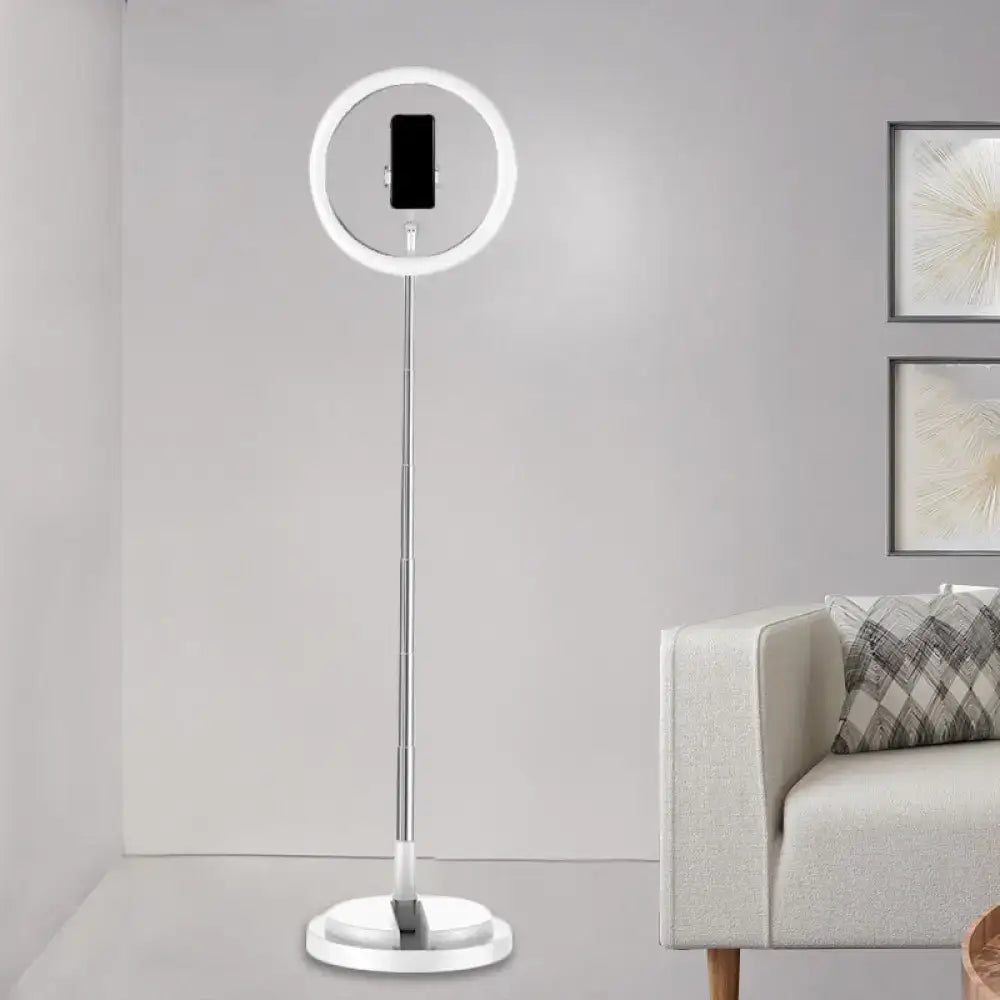 Minimalist white circular metal mobile phone vanity light with slender stand for bedroom 110v-120v and 220v-240v use