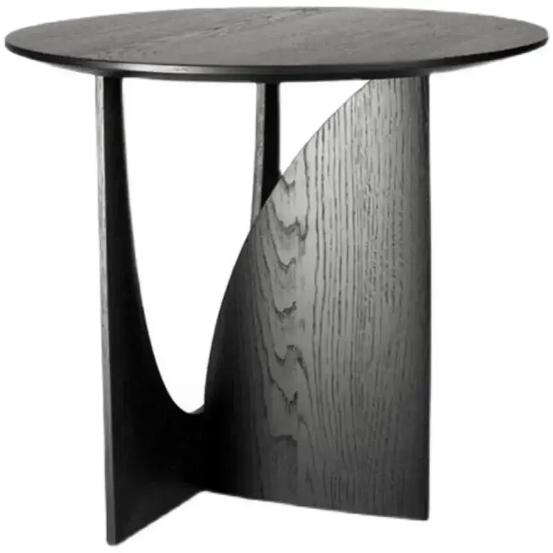 Black round coffee table with curved walnut wood legs and visible wood grain decorbites circular walnut design