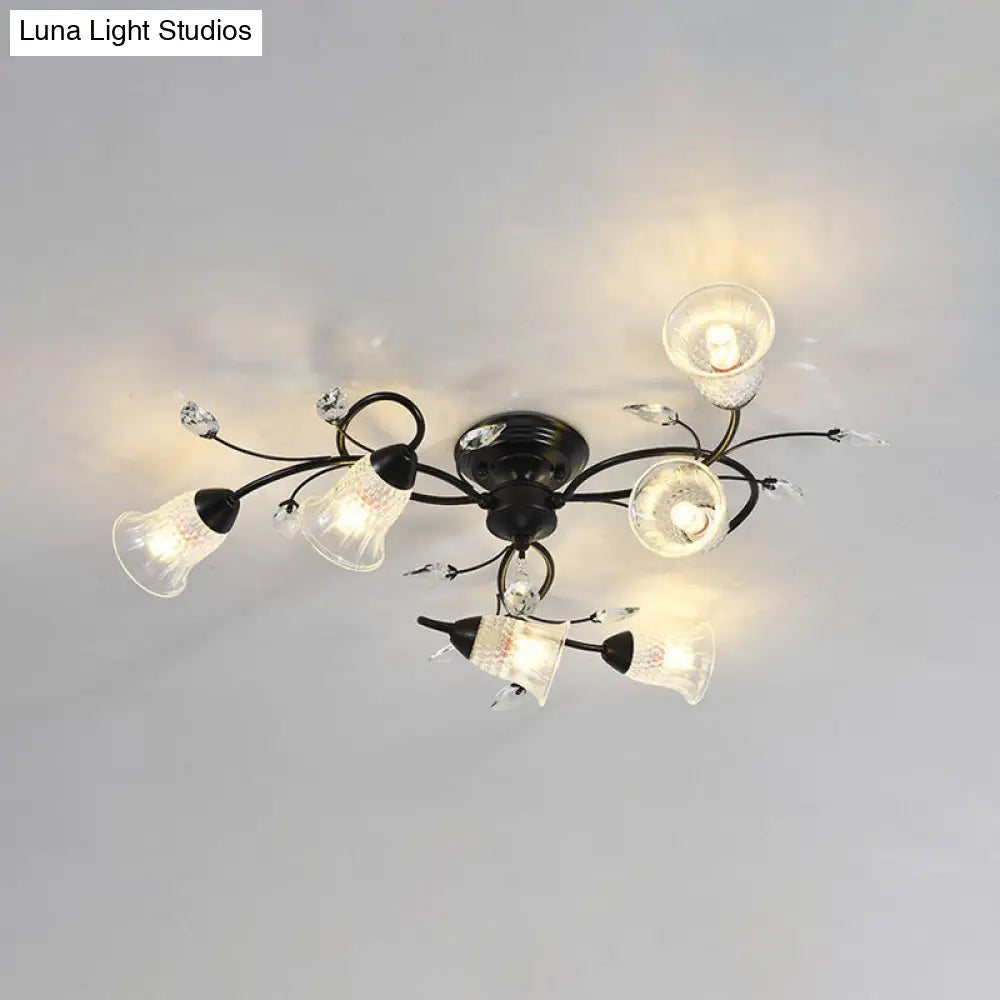 DecorBites™ DecorBites™ Minimalist Clear Crystal Ceiling Flush Mount Light with Flared Curved Arm and 6-Head Design – Black/Gold Semi Flush