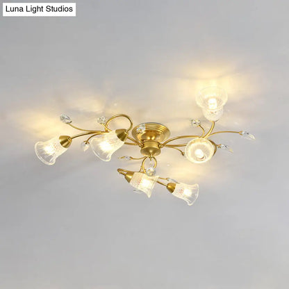 DecorBites™ DecorBites™ Minimalist Clear Crystal Ceiling Flush Mount Light with Flared Curved Arm and 6-Head Design – Black/Gold Semi Flush