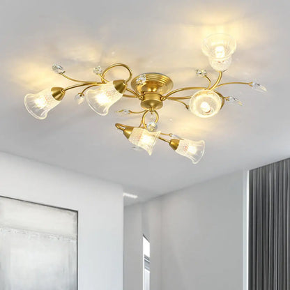 DecorBites™ DecorBites™ Minimalist Clear Crystal Ceiling Flush Mount Light with Flared Curved Arm and 6-Head Design – Black/Gold Semi Flush