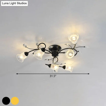 DecorBites™ DecorBites™ Minimalist Clear Crystal Ceiling Flush Mount Light with Flared Curved Arm and 6-Head Design – Black/Gold Semi Flush