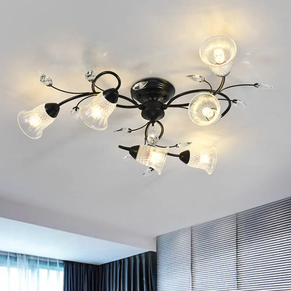 DecorBites™ DecorBites™ Minimalist Clear Crystal Ceiling Flush Mount Light with Flared Curved Arm and 6-Head Design – Black/Gold Semi Flush