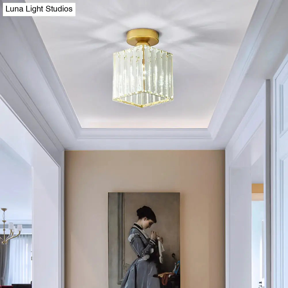 DecorBites™ DecorBites™ Minimalist Clear Crystal Geometric Ceiling Lamp - 1 Bulb Brass Finish - Semi Flush Light for Aisle