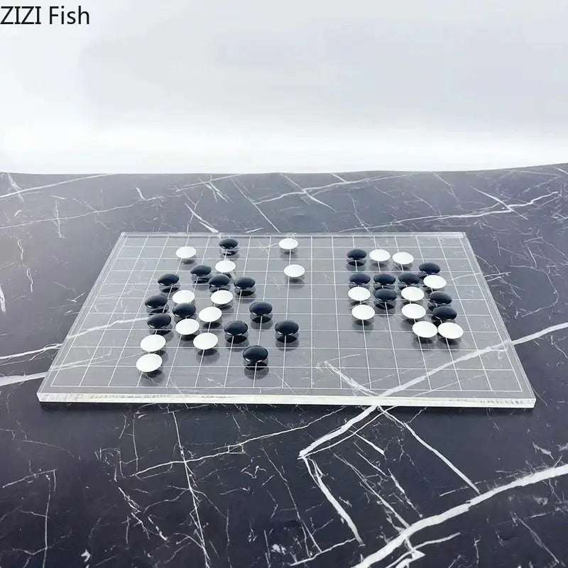 Minimalist clear acrylic geometric chess set with black and white stones perfect for modern living room decorbites chess set