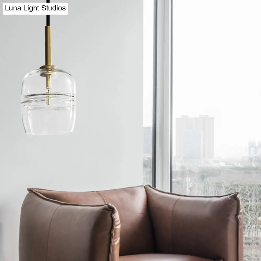 Minimalist Clear Glass Hanging Lamp with Brass Accent - LED Pendant Ceiling Light for Dining Room