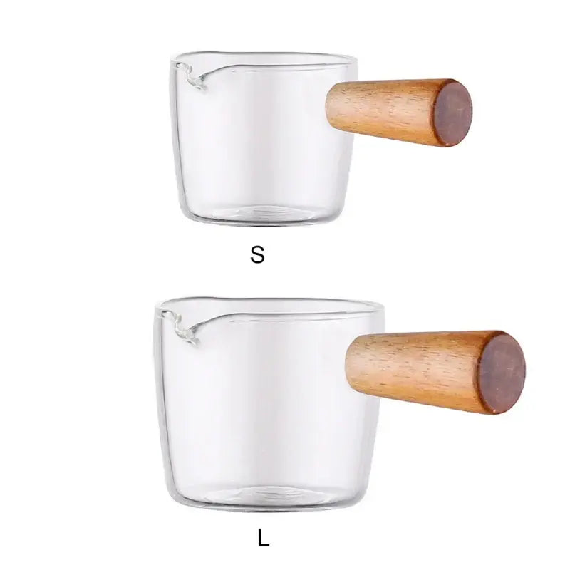 Minimalist clear glass sauce dish with wooden handle in small and large sizes for precise kitchen use