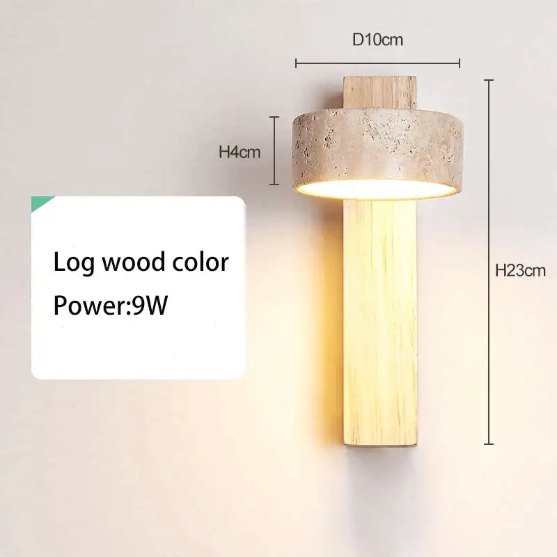 A minimalist wall lamp with log wood finish and cylindrical concrete shade led light for bedroom decorbites cream style