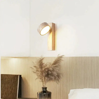 Minimalist concrete and wood led light wall lamp with textured cream shade and warm lighting for bedroom decorbites cream style