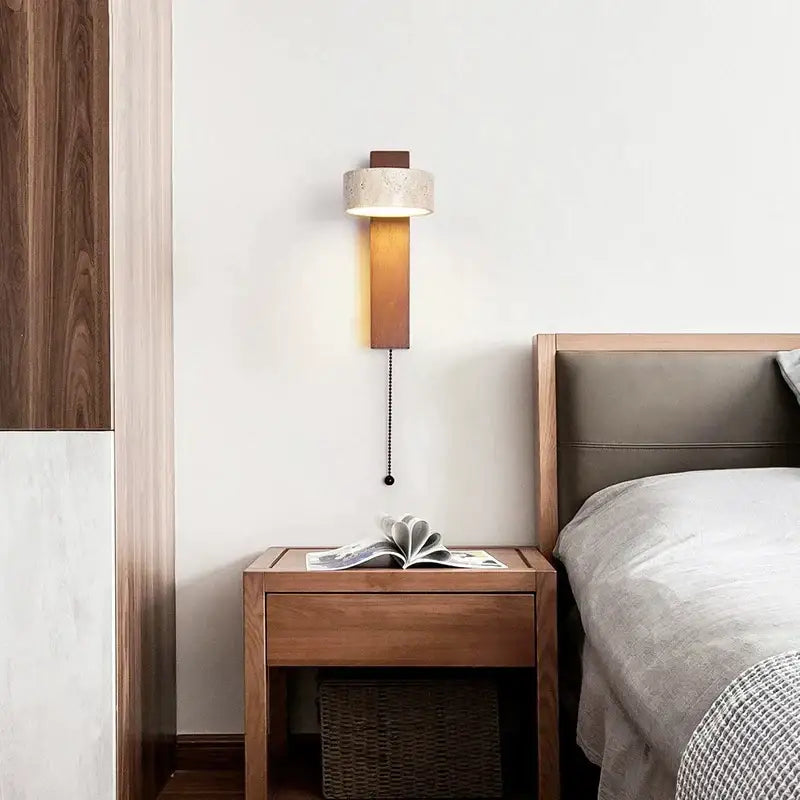 Modern minimalist concrete and wood wall lamp with warm wooden body and off-white shade featuring led light decorbites cream style