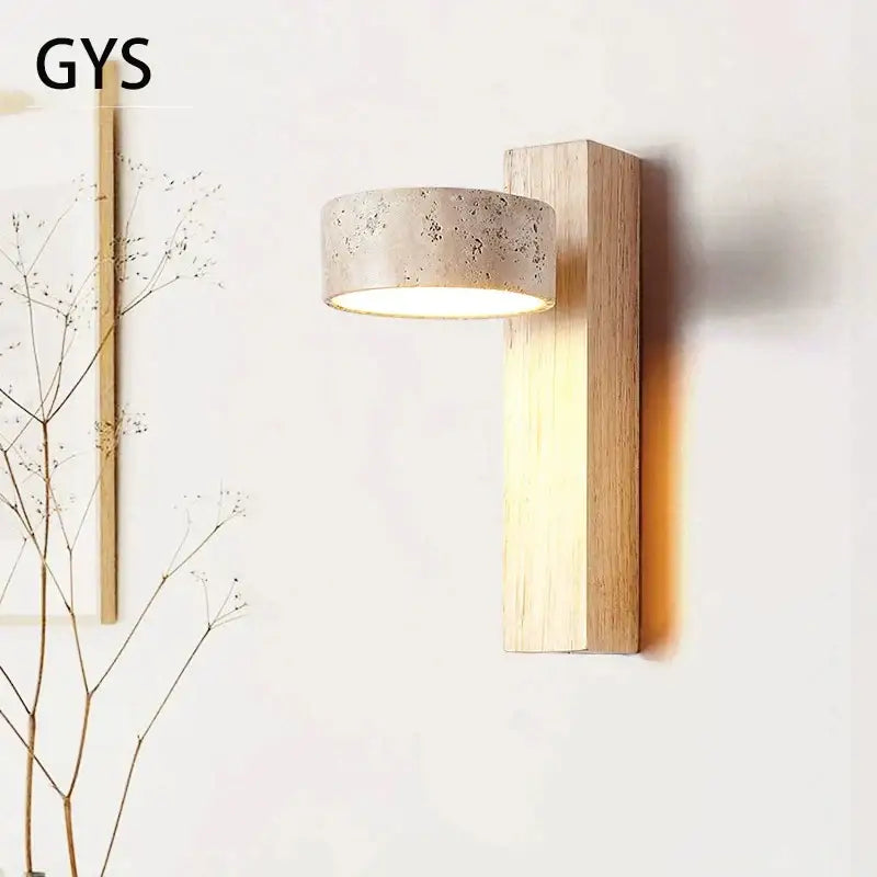 Minimalist concrete and wood led light wall lamp with textured circular shade and vertical wooden base by gys for bedroom decorbites cream style