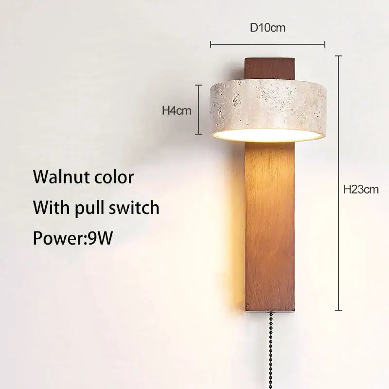 Walnut-colored minimalist concrete and wood led light wall lamp with textured shade and pull switch for bedroom decorbites cream style