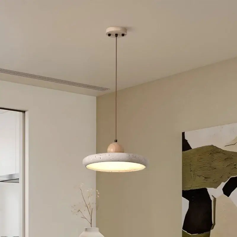 Minimalist concrete and wood led wood pendant light with circular shade and wooden sphere accent for dining room decorbites led wood