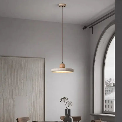 Minimalist concrete and wood led wood pendant light with matte disc shade and copper cable for dining room decorbites LED wood pendant