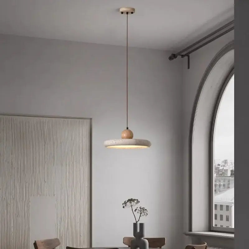 Minimalist concrete and wood led wood pendant light with matte disc shade and copper cable for dining room decorbites LED wood pendant