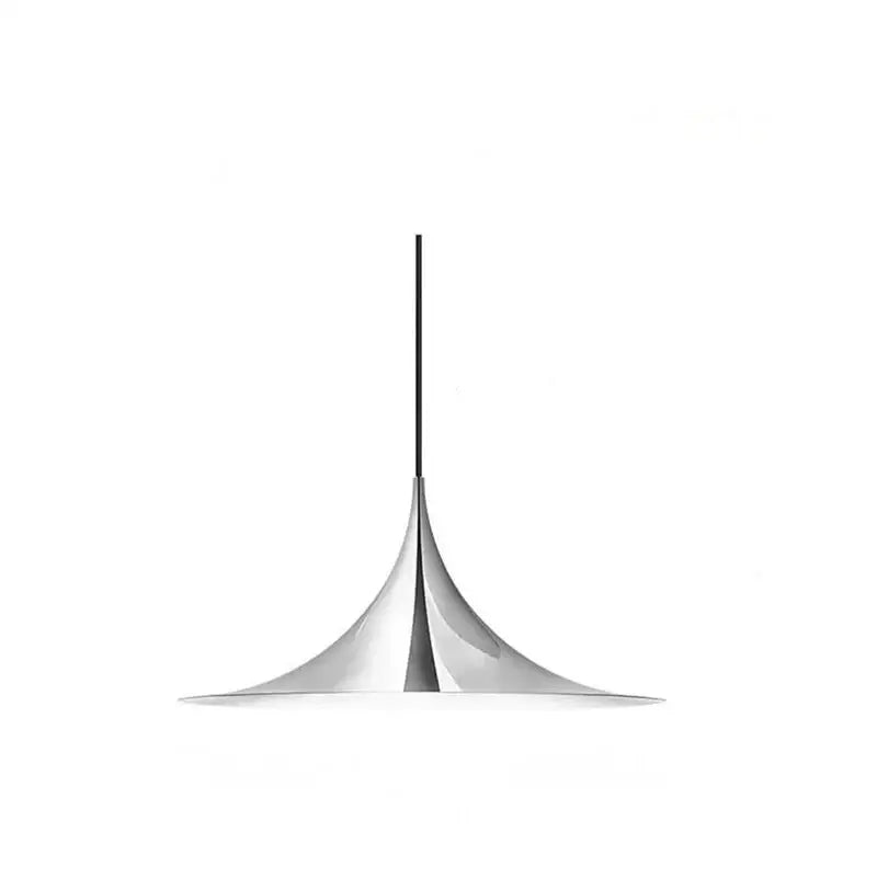 A sleek silver-tone pendant light with smooth conical design and thin black cord for minimalist horn chandelier decorbites