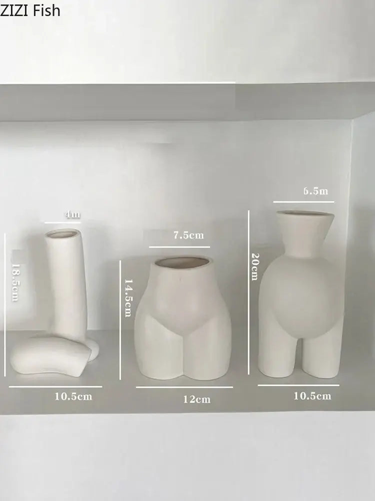 Set of three white ceramic human body vases with smooth matte finish for minimalist abstract human decorbites bedroom decor