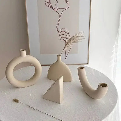Minimalist cream ceramic art vase set with geometric shapes for living room sculptural decor by decorbites ceramic