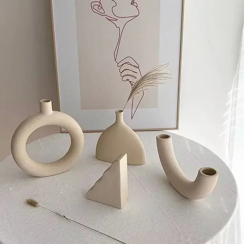 Minimalist cream ceramic art vase set with geometric shapes for living room sculptural decor by decorbites ceramic