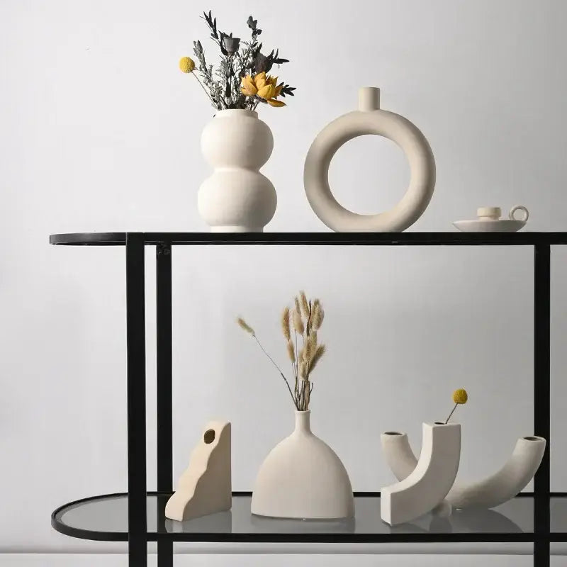 Minimalist cream ceramic art vase with stacked rounded form and narrow neck decorbites ceramic art for living room decor