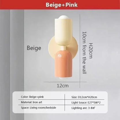 Minimalist cream and coral double head wall lamps in beige and pink iron art with modern cylindrical design for bedroom decorbites cream double