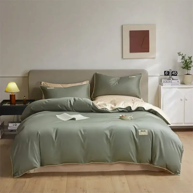 Minimalist cream and green egyptian cotton solid bedding set with sage green duvet cover and cream-colored piping