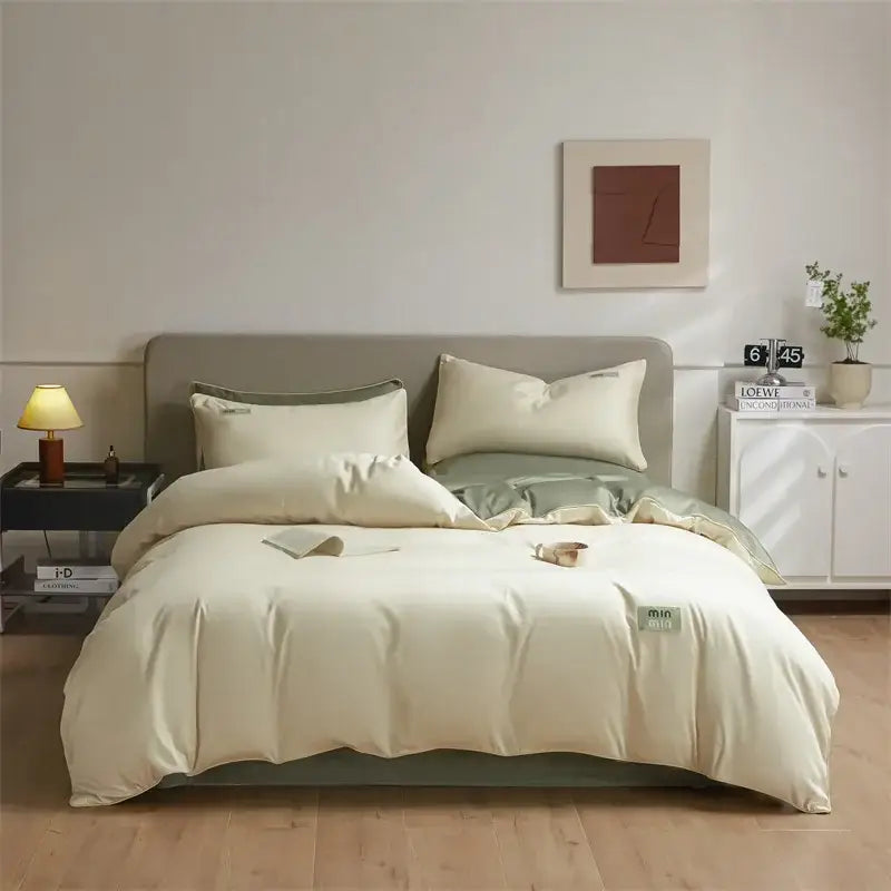 Cream-colored egyptian cotton solid bedding set with subtle green accents and minimalist design for bedroom use