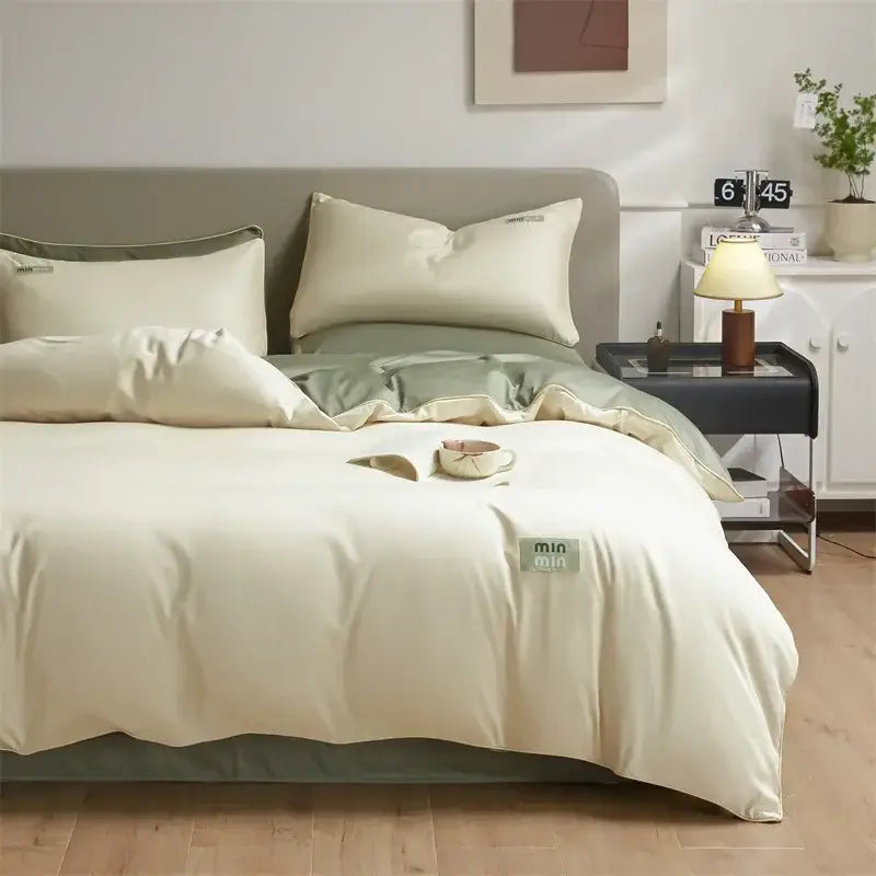 Cream-colored satin egyptian cotton solid bedding set with subtle green accents and minimalist branding tags
