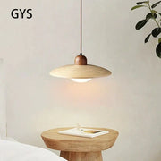 Minimalist cream japanese style wood pendant chandelier with natural wood finish and disc-shaped shade by decorbites