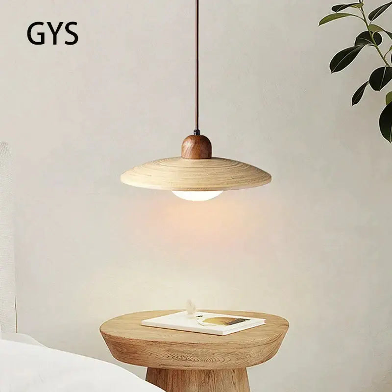 Minimalist cream japanese style wood pendant chandelier with natural wood finish and disc-shaped shade by decorbites