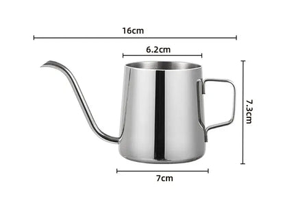 A minimalist cream stainless steel pour-over coffee maker with long curved spout and sturdy handle for decorbites glass coffee