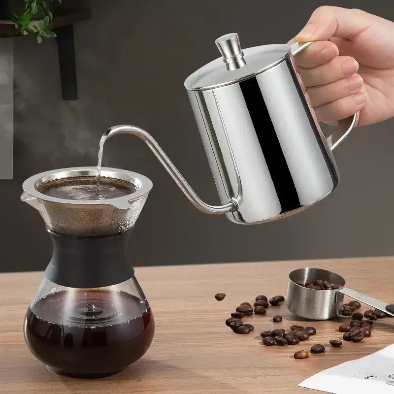 Minimalist cream stainless steel glass coffee maker kettle with a shiny pour-over spout and rounded handle for decorbites glass coffee