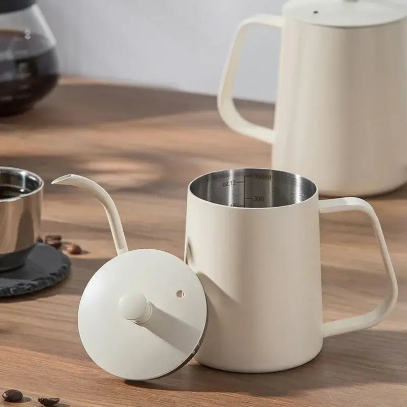Minimalist cream stainless steel pour-over coffee maker kettle with matching lid for decorbites glass coffee use