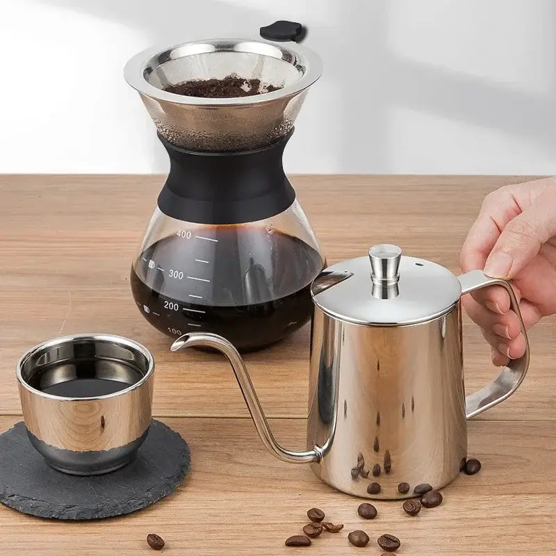 Minimalist cream stainless steel glass coffee maker with black silicone collar and glass carafe by decorbites glass coffee