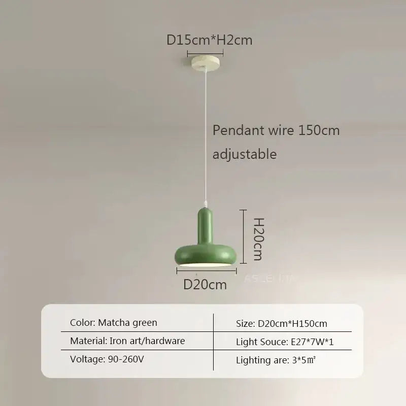 Minimalist cream white ceramic pendant light with matcha green iron art design and adjustable 150cm wire decorbites disc shaped