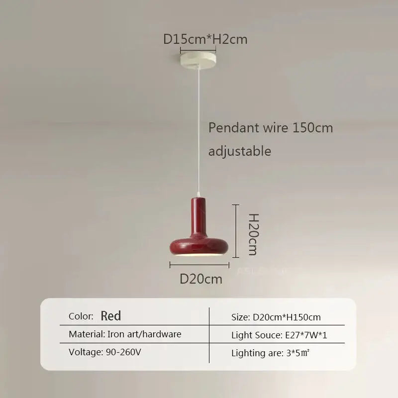 Red ceramic pendant light with iron art hardware and adjustable wire for dining room decorbites disc shaped design