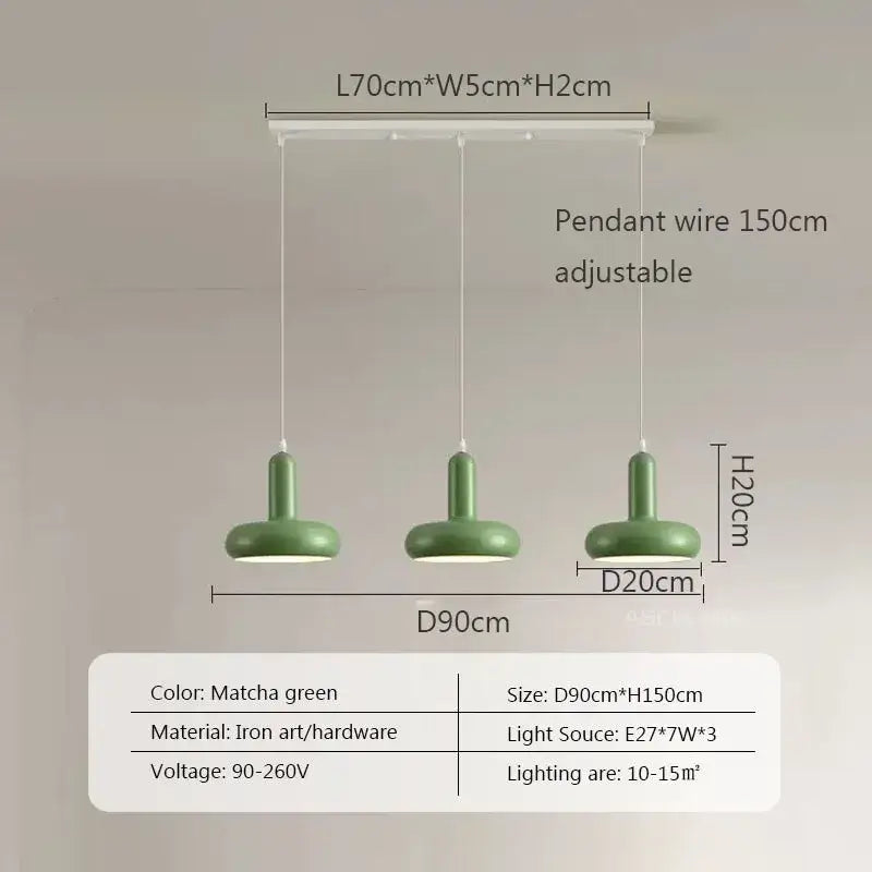 Set of three matte matcha green iron pendant lights with adjustable wires complement cream white decorbites disc shaped pendant light