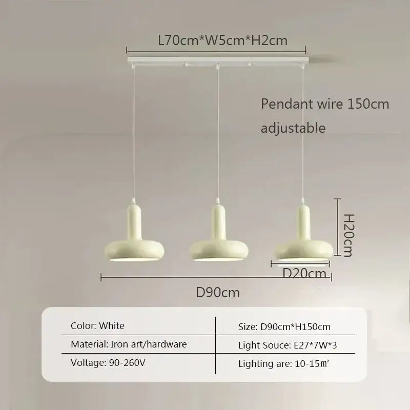 Minimalist cream white ceramic pendant light with iron art three-light fixture and adjustable hanging wires for dining room decorbites disc shaped