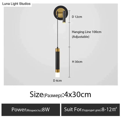 Minimalist creative luxury black and gold cylindrical pendant light with frosted glass bulb for luxury bedroom bedside