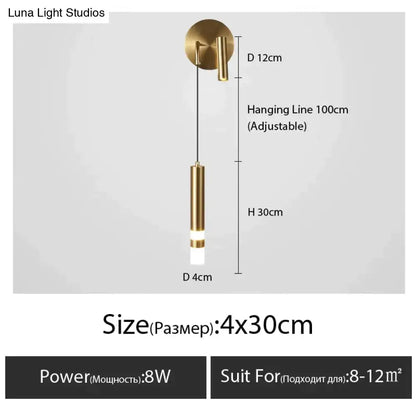 Gold-finished cylindrical pendant light with adjustable hanging line for minimalist creative luxury bedroom décor