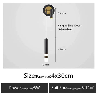 Modern black cylindrical pendant light with gold ceiling mount and adjustable line for luxury bedroom bedside use