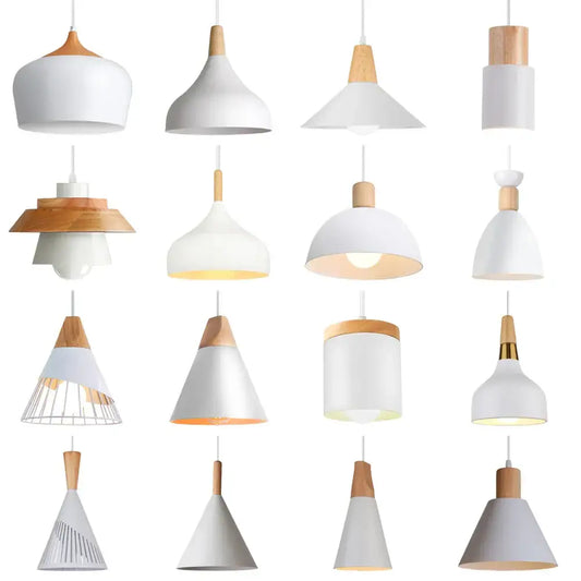 Minimalist crisp white pendant light with wood accent and modern design for kitchen island lighting