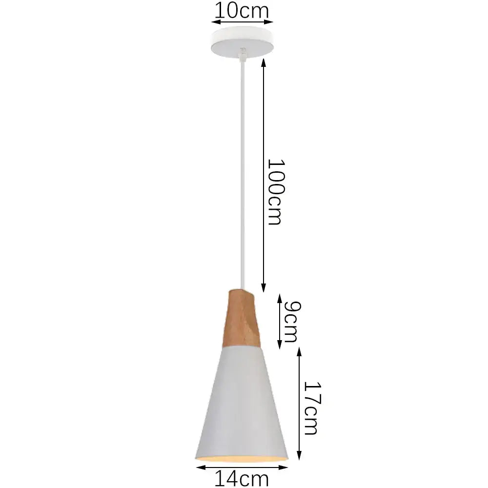 Minimalist pendant light with a crisp white conical shade and wood accent suspended by a thin white cord