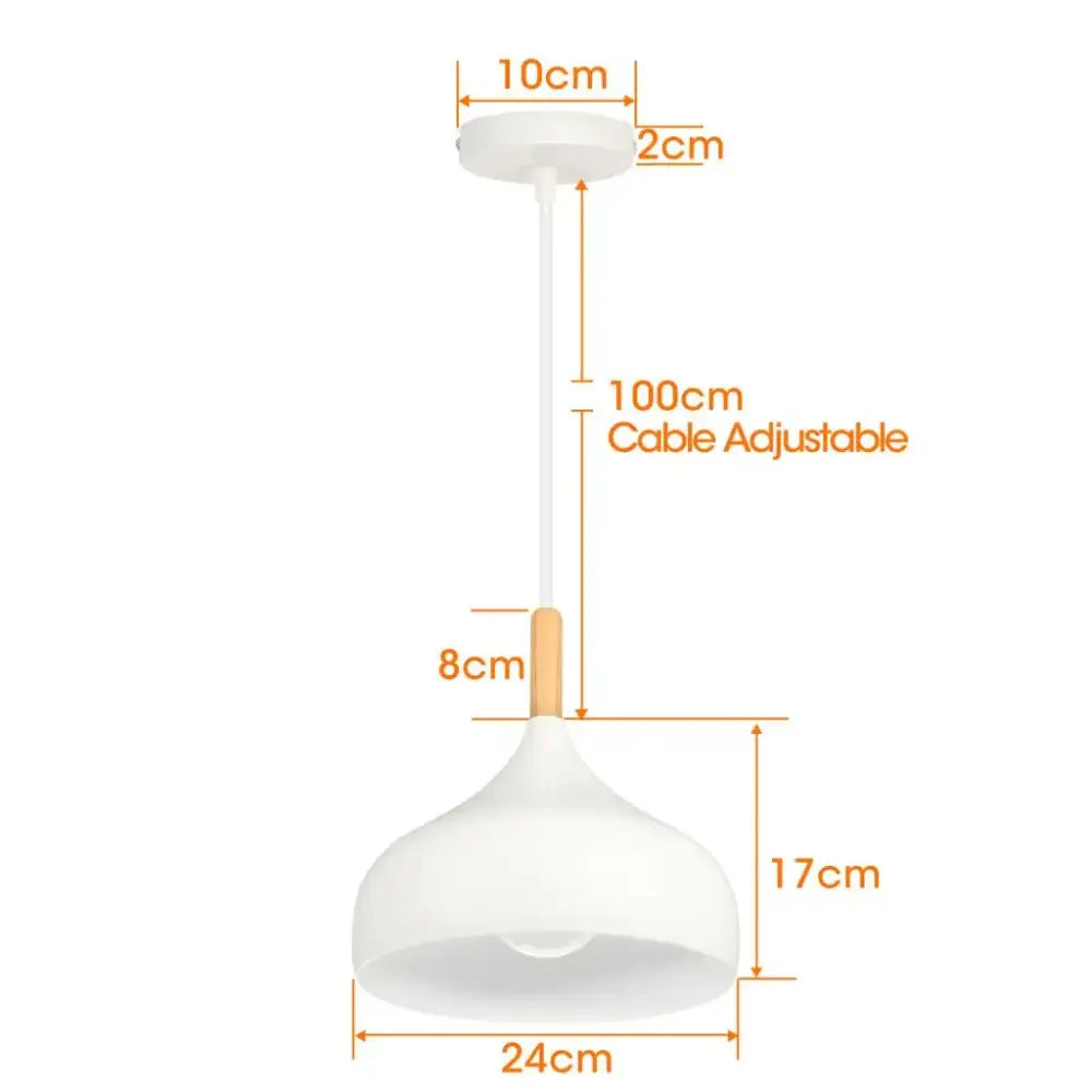 Minimalist crisp white pendant light with a teardrop shade and wood accent for kitchen island lighting