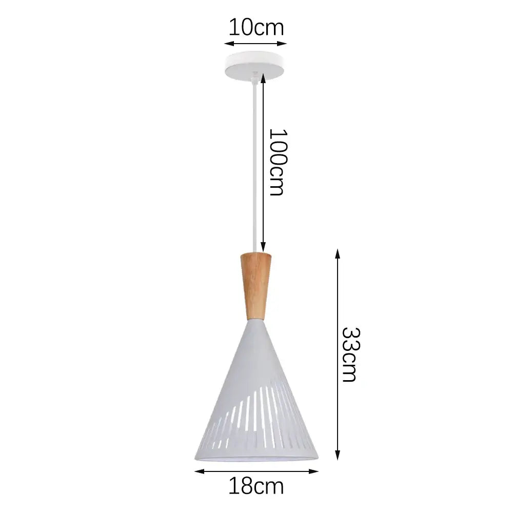 Minimalist crisp white pendant light with wood accent and metal slatted shade for kitchen island lighting