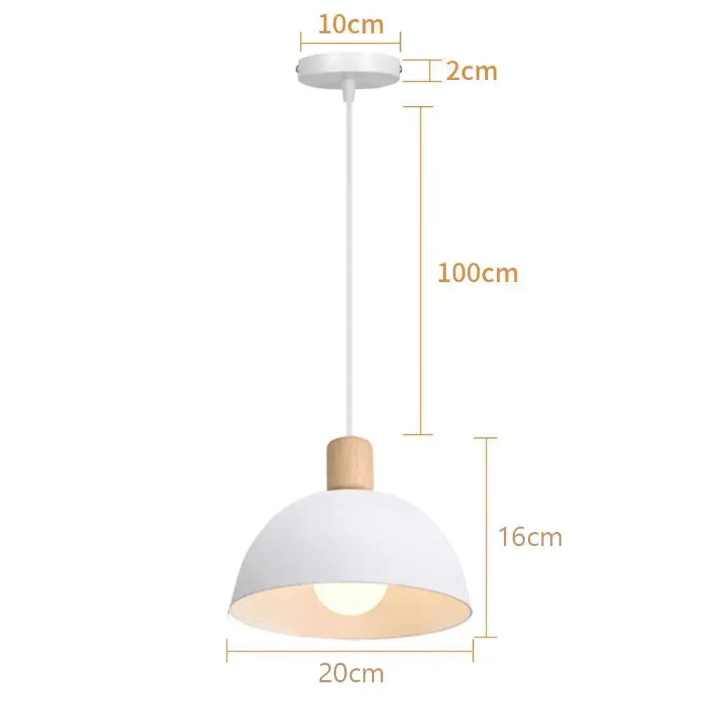 Minimalist crisp white pendant light with wood accent and slender white cord for kitchen island lighting